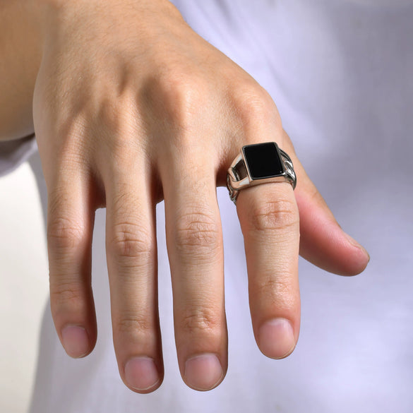Wholesale Men's Jewelry Stainless Steel Punk Square Geometric Glass Stone Chain Ring Polished