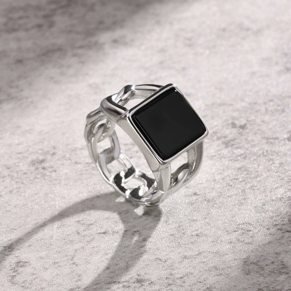 Wholesale Men's Jewelry Stainless Steel Punk Square Geometric Glass Stone Chain Ring Polished