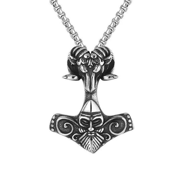 Wholesale Men's Jewelry Viking Style Stainless Steel Goat Head Thor's Hammer Necklace Pendant With Electroplating