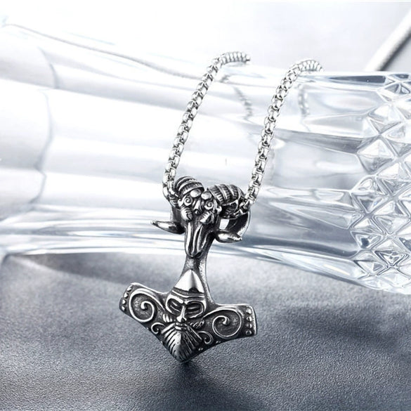 Wholesale Men's Jewelry Viking Style Stainless Steel Goat Head Thor's Hammer Necklace Pendant With Electroplating