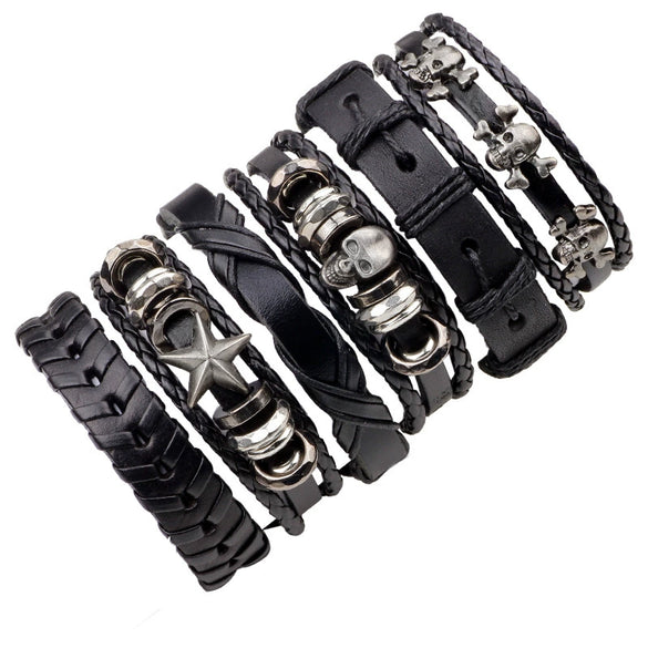 Wholesale Men's Leather Bracelet Sixpiece Set Real Cowhide Metal Skull Geometric Weaving Style
