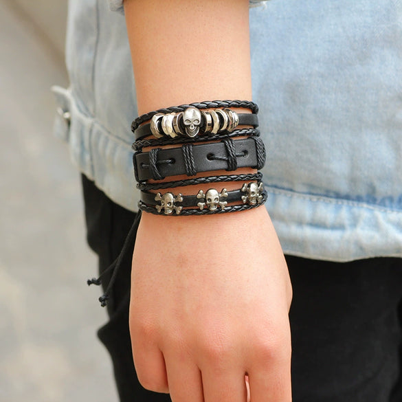 Wholesale Men's Leather Bracelet Sixpiece Set Real Cowhide Metal Skull Geometric Weaving Style