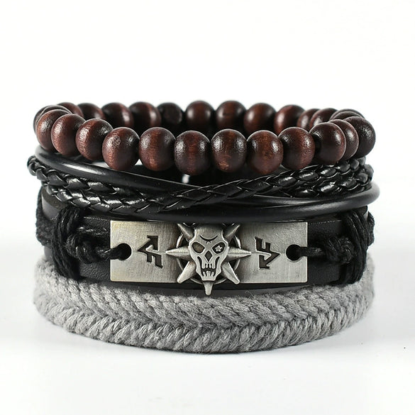 Wholesale Men's Leather Woven Geometric Retro Inlaid Alloy Bracelet