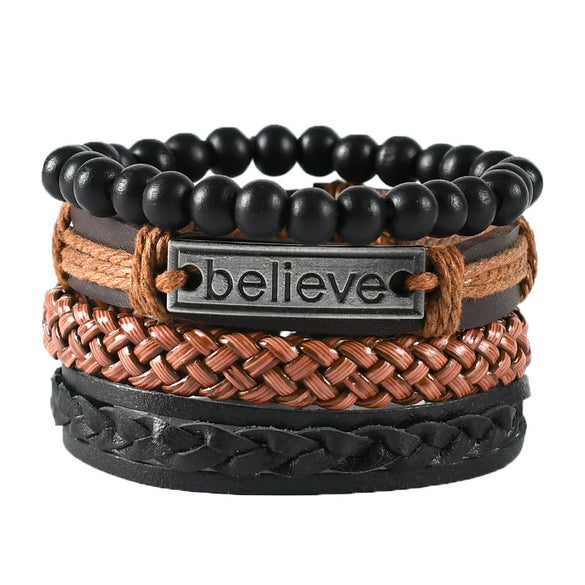 Wholesale Men's Leather Woven Geometric Retro Inlaid Alloy Bracelet