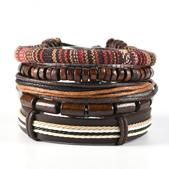 Wholesale Men's Leather Woven Geometric Retro Inlaid Alloy Bracelet