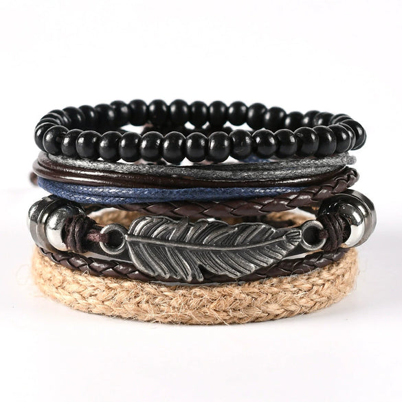 Wholesale Men's Leather Woven Geometric Retro Inlaid Alloy Bracelet
