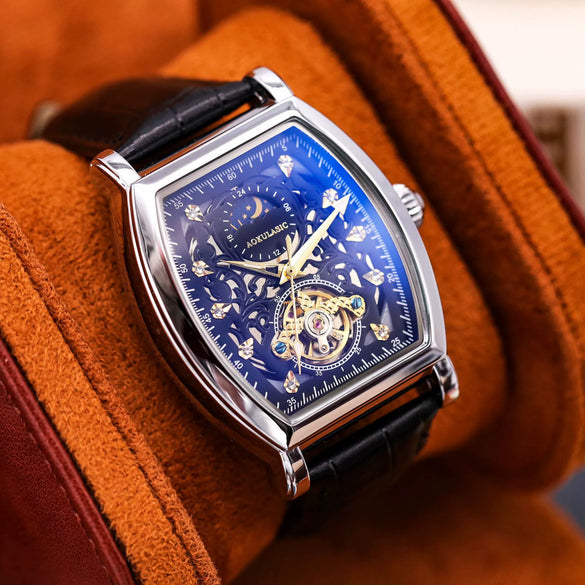 Wholesale Men's Leisure Fully Automatic Mechanical Barrel Shaped Watch With Round Dial Alloy Case Genuine Leather Strap And Stainless Steel Pin Buckle