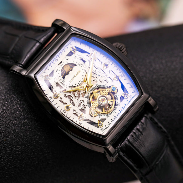 Wholesale Men's Leisure Fully Automatic Mechanical Barrel Shaped Watch With Round Dial Alloy Case Genuine Leather Strap And Stainless Steel Pin Buckle