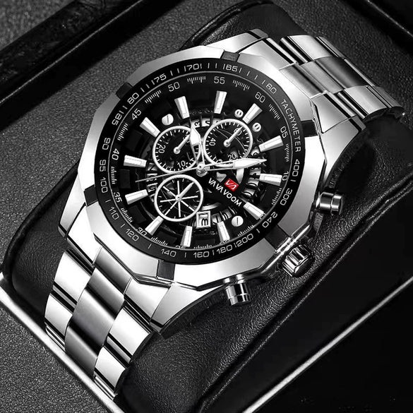 Wholesale Men's Metal Case Stainless Steel Band Round Dial Fashion Sports Waterproof Quartz Watch With Three Eyes Six Needle Luminous Calendar