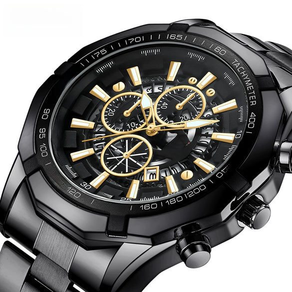 Wholesale Men's Metal Case Stainless Steel Band Round Dial Fashion Sports Waterproof Quartz Watch With Three Eyes Six Needle Luminous Calendar