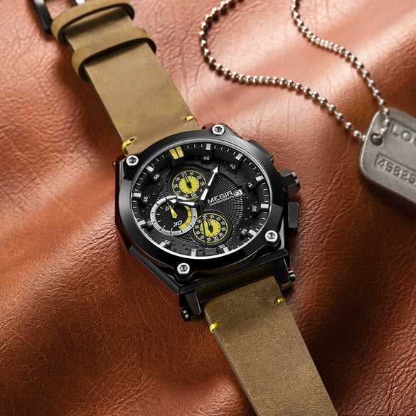 Wholesale Men's Multifunction Chronograph Calendar Watch Alloy Case Genuine Leather Strap Round Dial