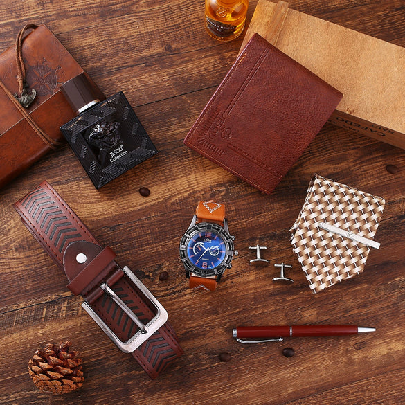 Wholesale Men's 6 Piece Set With Pu Material Modern And Simple Quartz Watch Gift Suit Wallet Belt Perfume