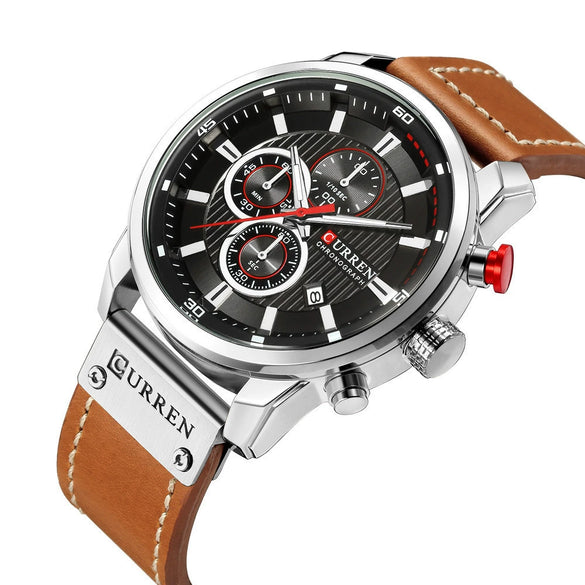 Wholesale Men's Quartz Watch Multifunctional Waterproof Leather Strap Glass Mirror Alloy Case Stainless Steel Clasp Round Dial Leisure Style