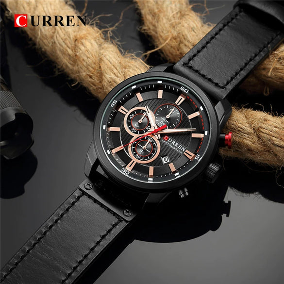 Wholesale Men's Quartz Watch Multifunctional Waterproof Leather Strap Glass Mirror Alloy Case Stainless Steel Clasp Round Dial Leisure Style