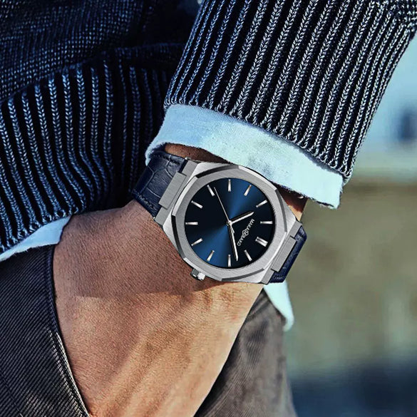 Wholesale Men's Quartz Watches With Octagonal And Round Dials Mineral Strengthened Glass Mirror Stainless Steel Clasp Metal Case Genuine Leather Strap Waterproof And Printed Logo