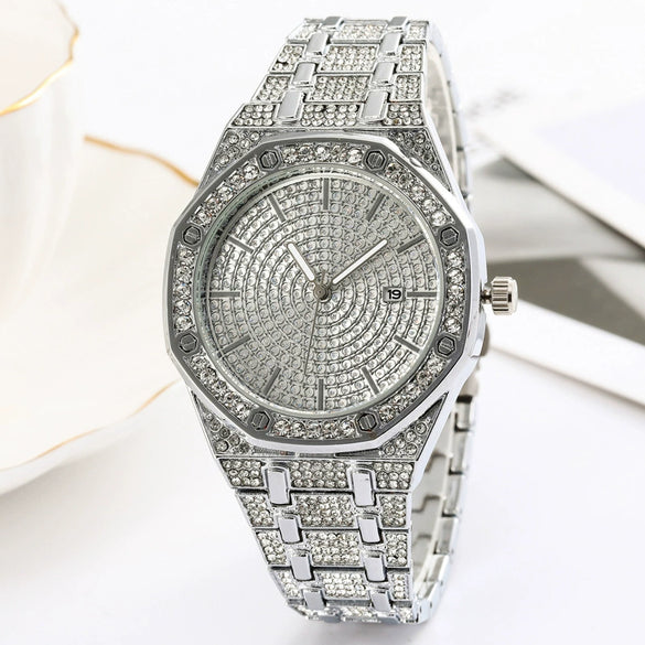 Wholesale Men's Quartz Watches With Octagonal Full Diamond Calendar Star Steel Band And Diamond Inlay Made Of Alloy