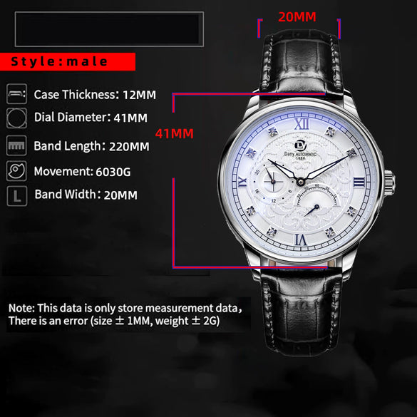 Wholesale Men's Relief Dot Diamond Fully Automatic Mechanical Watch With Round Dial Mineral Reinforced Glass Mirror Stainless Steel Buckle And Genuine Leather Strap