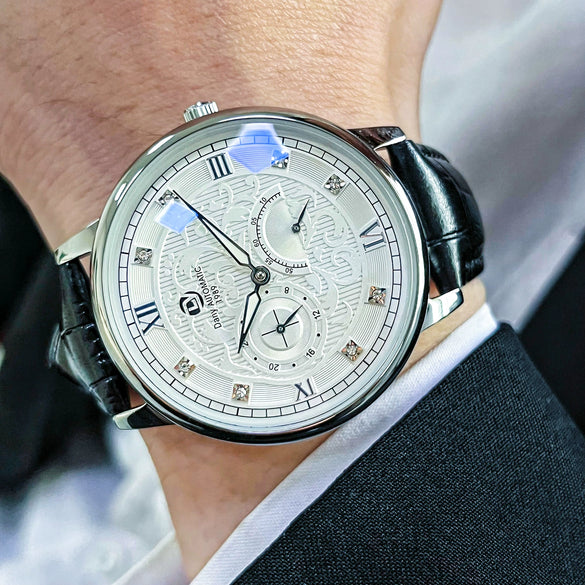 Wholesale Men's Relief Dot Diamond Fully Automatic Mechanical Watch With Round Dial Mineral Reinforced Glass Mirror Stainless Steel Buckle And Genuine Leather Strap