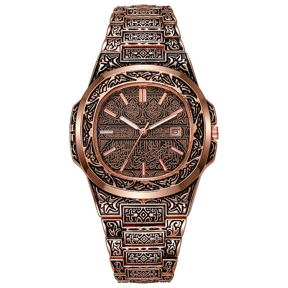 Wholesale Men's Retro Engraved Quartz Watch Alloy Case Stainless Steel Clasp Steel Strip Strap Round Dial