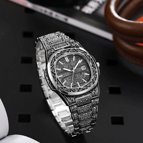 Wholesale Men's Retro Engraved Quartz Watch Alloy Case Stainless Steel Clasp Steel Strip Strap Round Dial