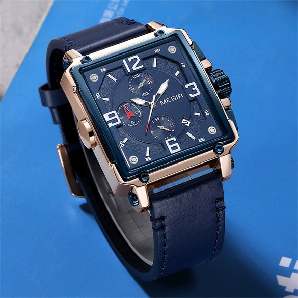 Wholesale Men's Retro Fashion Square Multifunctional Chronograph Calendar Watch Genuine Leather Strap Alloy Case Mineral Strengthened Glass Mirror