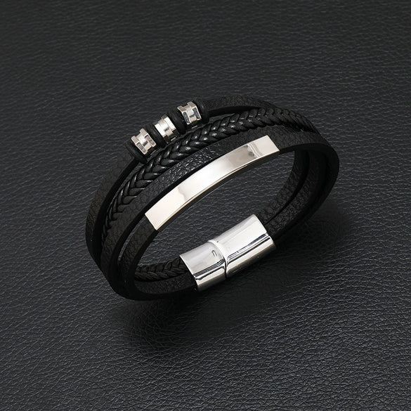 Wholesale Men's Retro Geometric Alloy Leather Woven Handmade Bracelet With Magnet Buckle