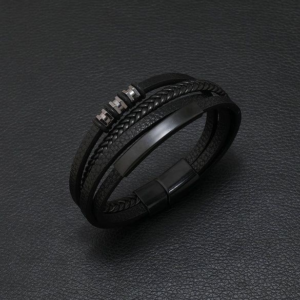 Wholesale Men's Retro Geometric Alloy Leather Woven Handmade Bracelet With Magnet Buckle