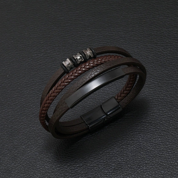 Wholesale Men's Retro Geometric Alloy Leather Woven Handmade Bracelet With Magnet Buckle