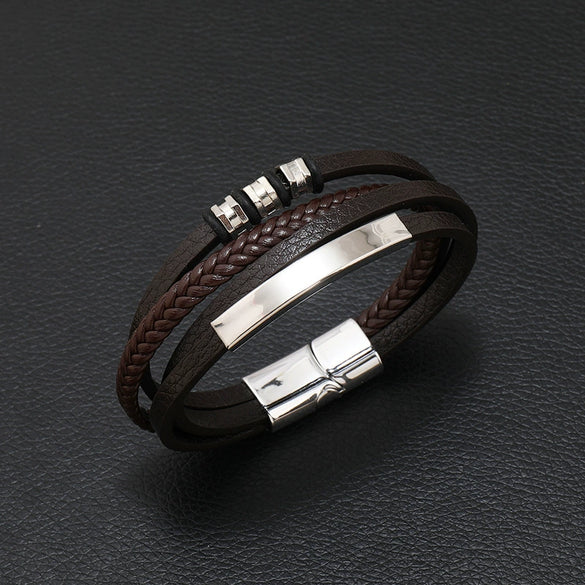 Wholesale Men's Retro Geometric Alloy Leather Woven Handmade Bracelet With Magnet Buckle