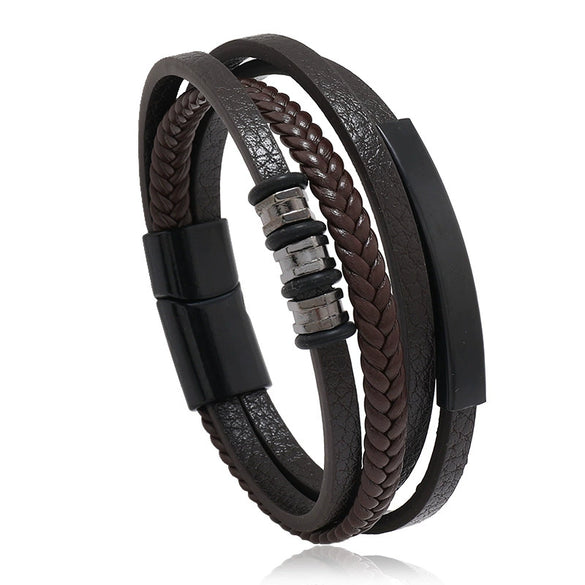 Wholesale Men's Retro Geometric Alloy Leather Woven Handmade Bracelet With Magnet Buckle