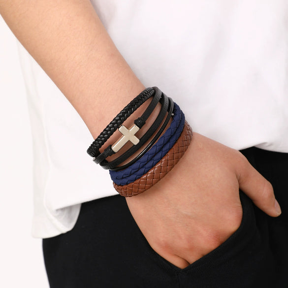 Wholesale Men's Retro Geometric Artificial Leather Handwoven Bracelet With Alloy Cross Accessories