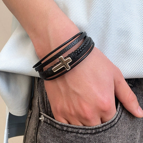 Wholesale Men's Retro Geometric Artificial Leather Handwoven Bracelet With Alloy Cross Accessories