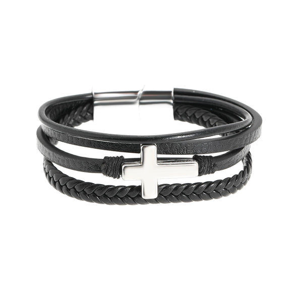 Wholesale Men's Retro Geometric Artificial Leather Handwoven Bracelet With Alloy Cross Accessories