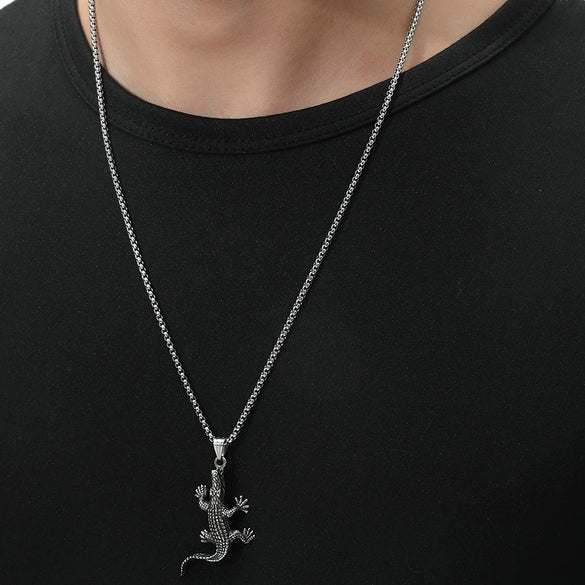 Wholesale Men's Retro Punk Crocodile Pendant Necklace Alloy Titanium Steel Electroplated Animal Pattern Square Pearl Chain