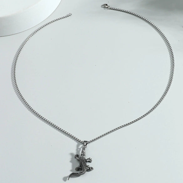 Wholesale Men's Retro Punk Crocodile Pendant Necklace Alloy Titanium Steel Electroplated Animal Pattern Square Pearl Chain