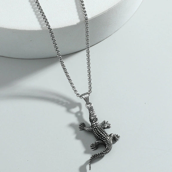 Wholesale Men's Retro Punk Crocodile Pendant Necklace Alloy Titanium Steel Electroplated Animal Pattern Square Pearl Chain