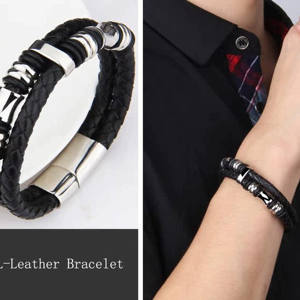 Wholesale Men's Simple Geometric Artificial Leather And Titanium Steel Braided Electroplated Bracelet Jewelry