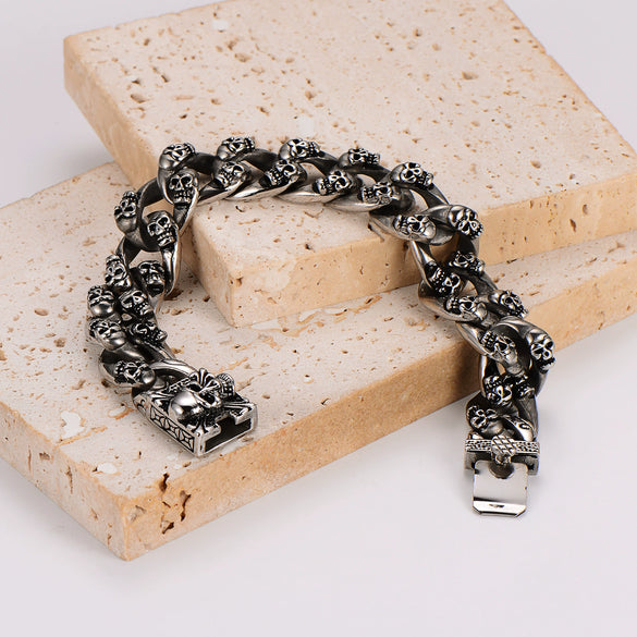 Wholesale Men's Simple Geometric Stainless Steel Electroplated Double Row Skull Bracelet