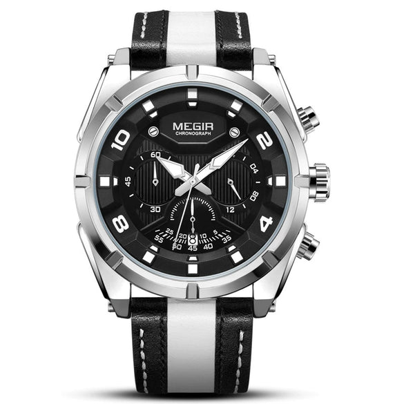 Wholesale Men's Sports Multifunction Chronograph Waterproof Luminous Quartz Watch Alloy Case Leather Strap Round Dial