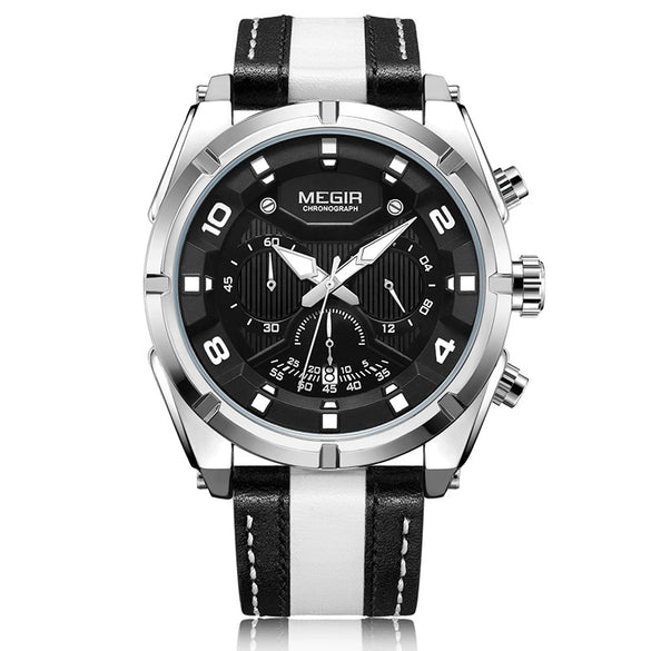 Wholesale Men's Sports Multifunction Chronograph Waterproof Luminous Quartz Watch Alloy Case Leather Strap Round Dial