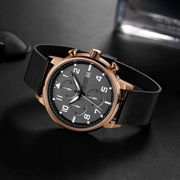 Wholesale Men's Sports Quartz Watch Alloy Case Genuine Leather Strap Round Dial