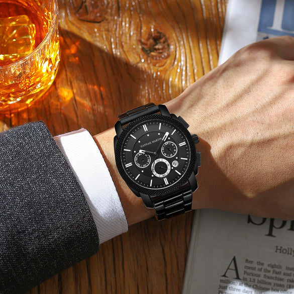 Wholesale Men's Sports Stainless Steel Band Round Dial Quartz Watch With Threeeye Sixpin Multifunction Waterproof Calendar
