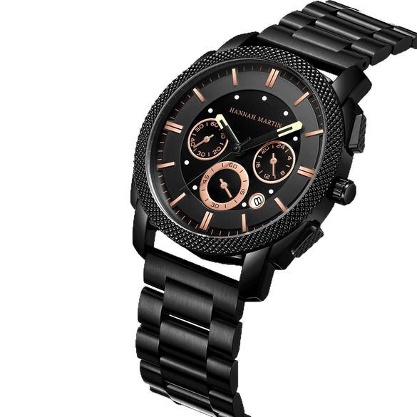 Wholesale Men's Sports Stainless Steel Band Round Dial Quartz Watch With Threeeye Sixpin Multifunction Waterproof Calendar