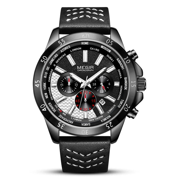 Wholesale Men's Sports Watch Alloy Case Genuine Leather Strap Round Dial Multi Function