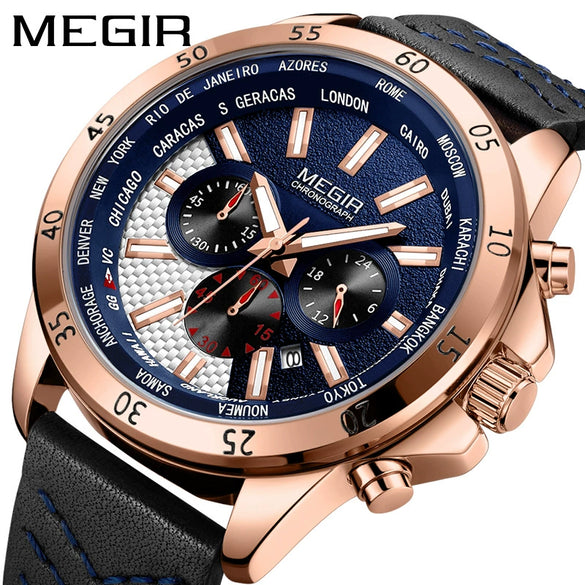 Wholesale Men's Sports Watch Alloy Case Genuine Leather Strap Round Dial Multi Function