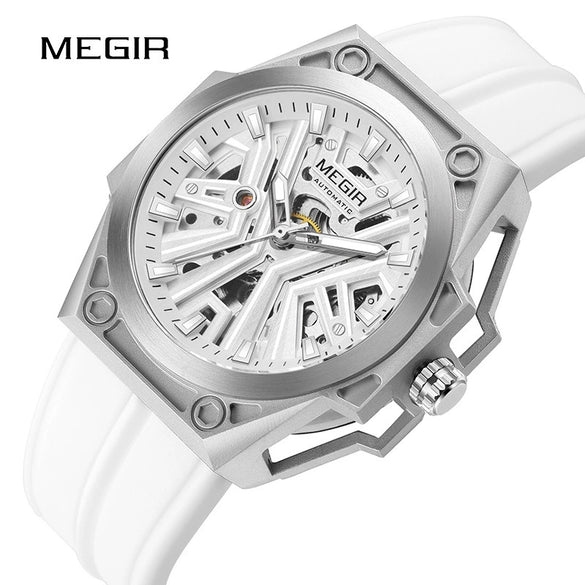 Wholesale Men's Sports Watch Mechanical Movement Stainless Steel Case Silicone Strap Waterproof Hollow Luminous