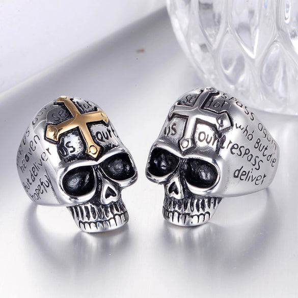 Wholesale Men's Stainless Steel Cross Ghost Head Skull Ring With Polishing Process