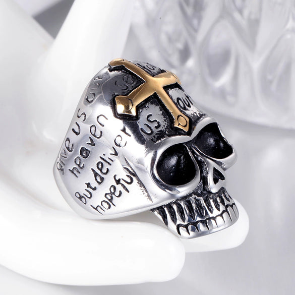 Wholesale Men's Stainless Steel Cross Ghost Head Skull Ring With Polishing Process