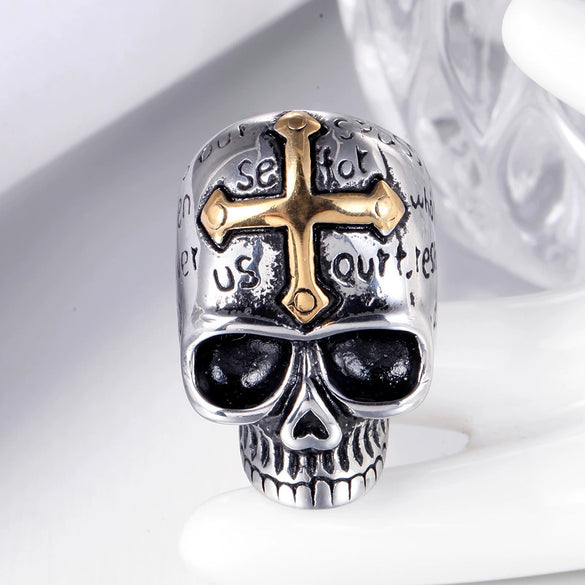 Wholesale Men's Stainless Steel Cross Ghost Head Skull Ring With Polishing Process