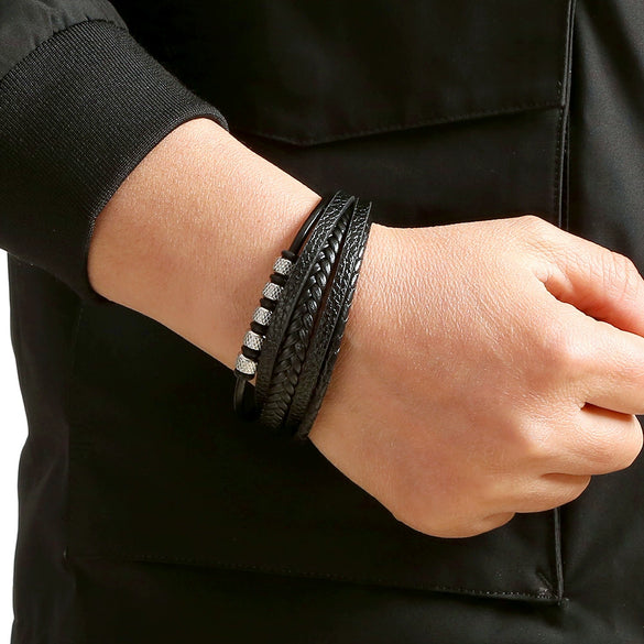 Wholesale Men's Stainless Steel Leather Punk Handmade Geometric Multi Layer Woven Bracelet Jewelry